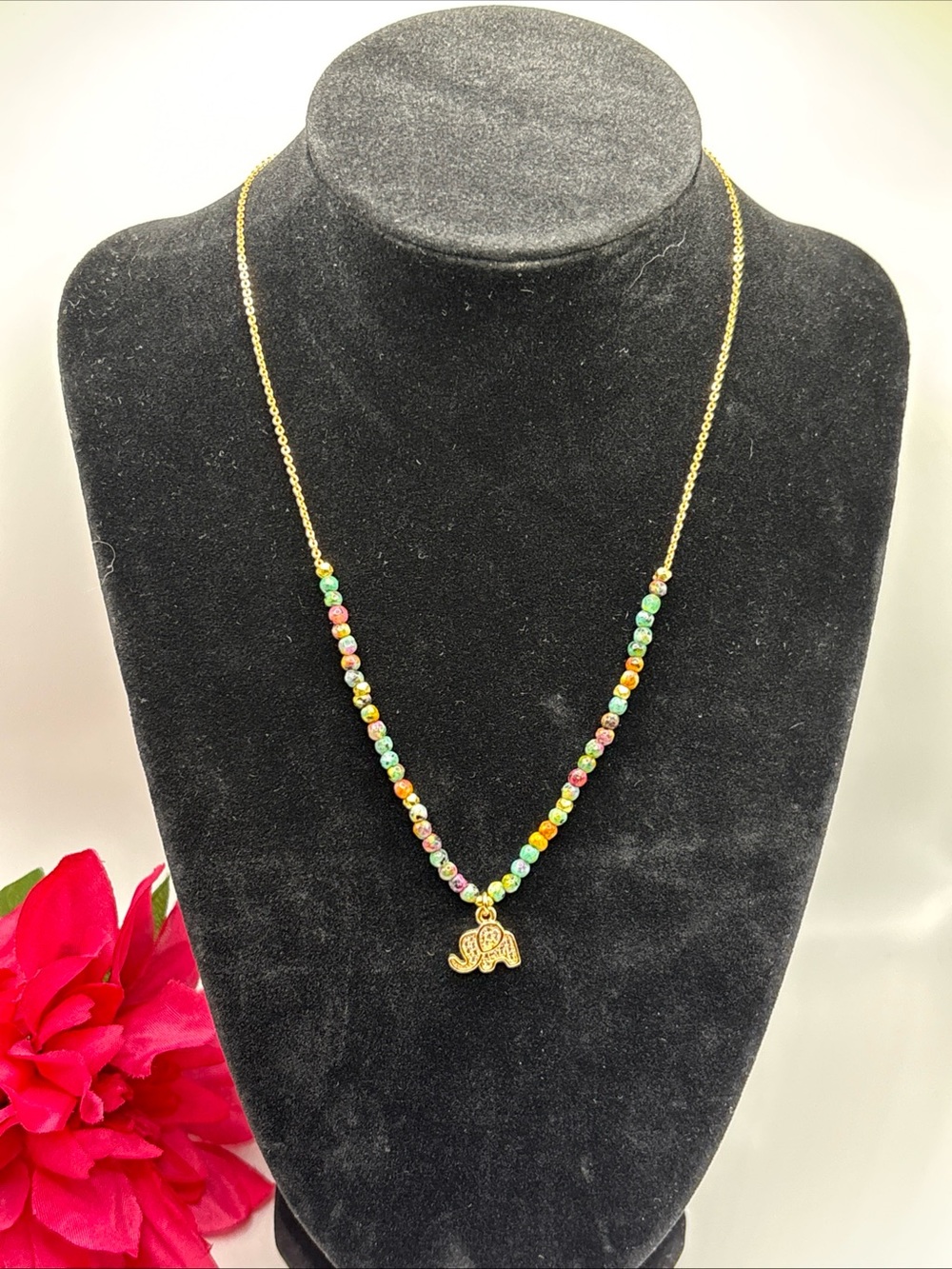 Lucky Brand Gold-Toned Elephant Charm Necklace w/ Seed Beads